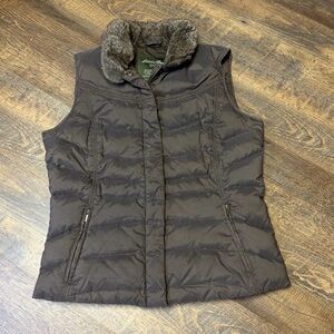 Vintage Eddie Bauer Goose Down Puffer Vest Faux Fur Collar Brown Womens Medium
